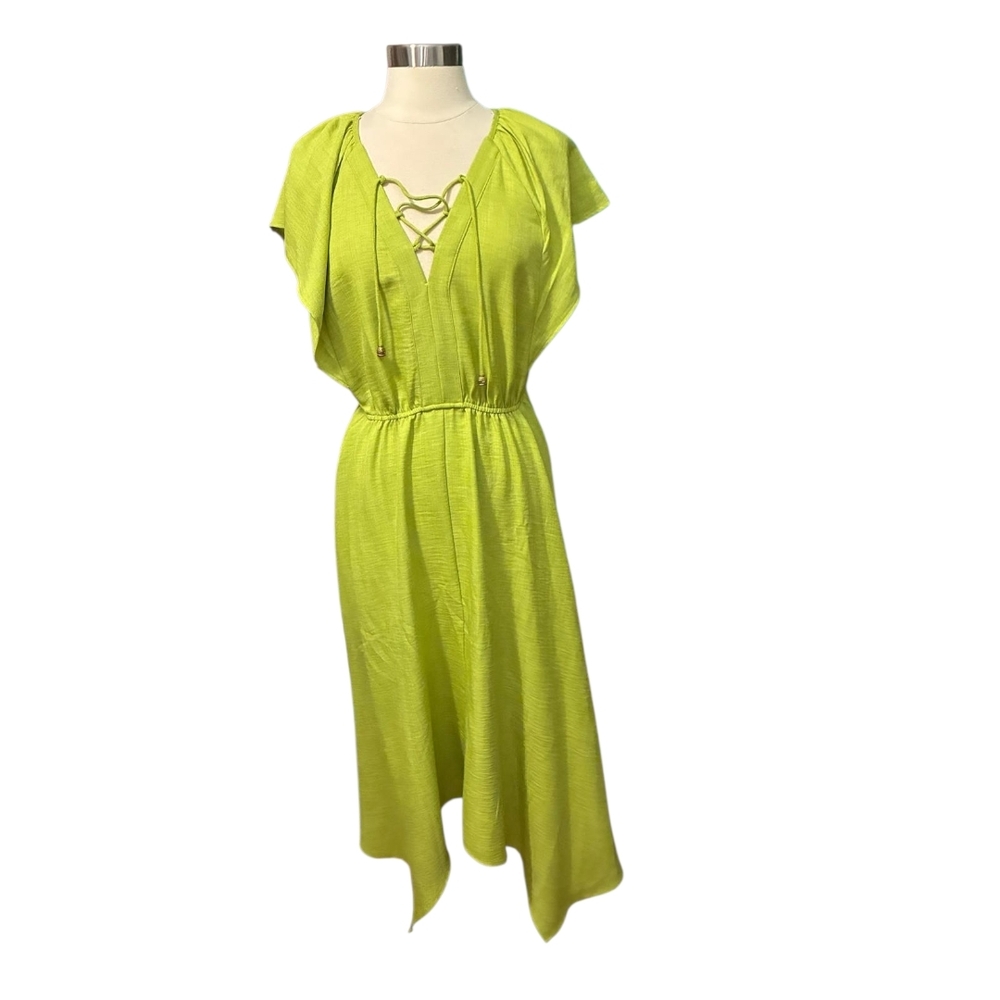 Stella & Julie | Lime Green V Lace Up Neck Shark Tooth Hem Midi Dress Size Large